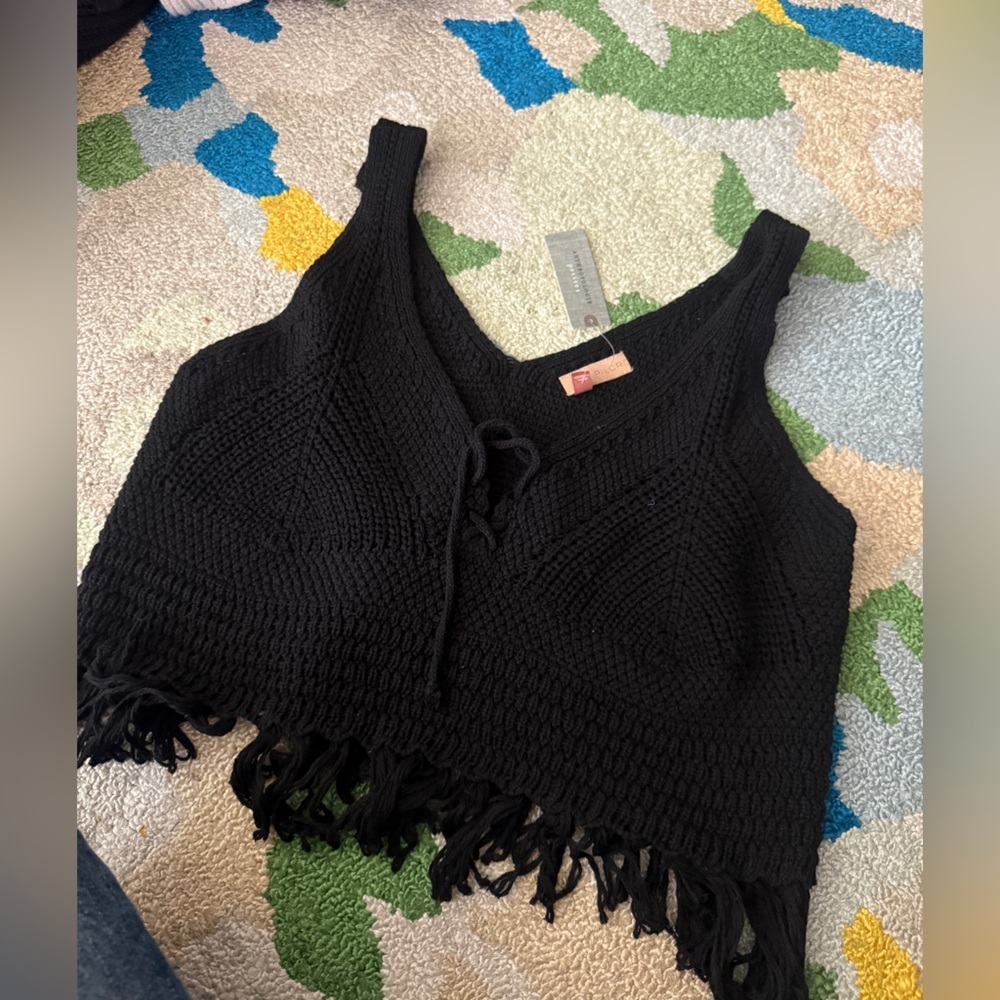 NWT Anthropologie Black Fringe Knit Top